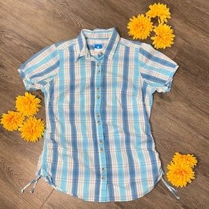 Columbia Plaid Short Sleeve Drawstring side Button down Shirt